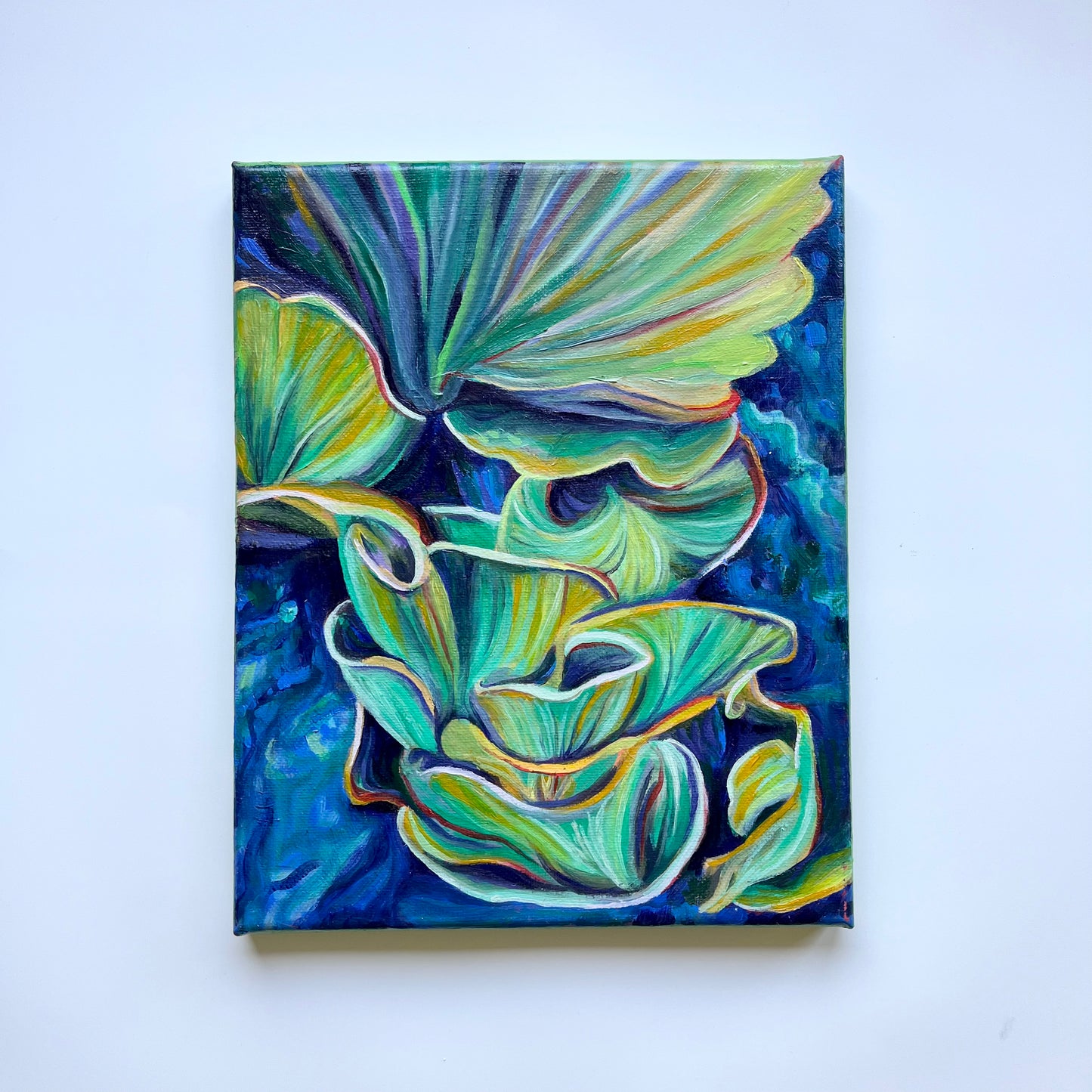 green oyster mushrooms growing upward painting