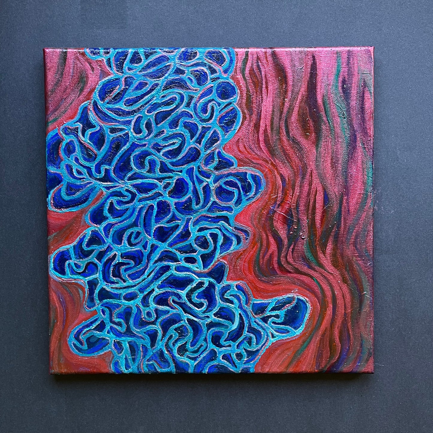 electric blue coral with red background